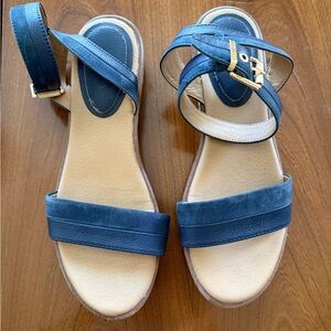 Blue and Cream Flat Sandals with Suede Straps - Size 11